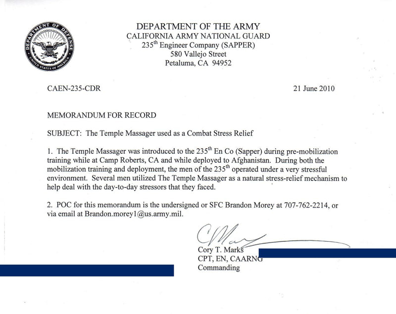 Endorsement of the Temple Massager™ Kit by CA Army National Guard for Combat Stress Relief.