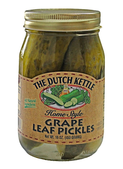 A 16 oz jar of Dutch Kettle Amish Home Style Grape Leaf Pickles