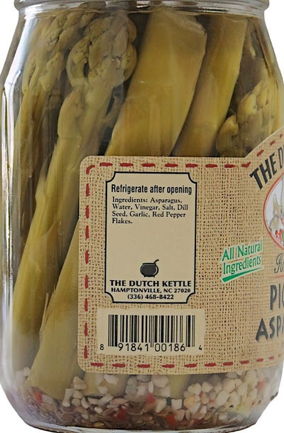 Only all-natural ingredients are packed into this jar of Dutch Kettle Amish Home Style Pickled Asparagus. 