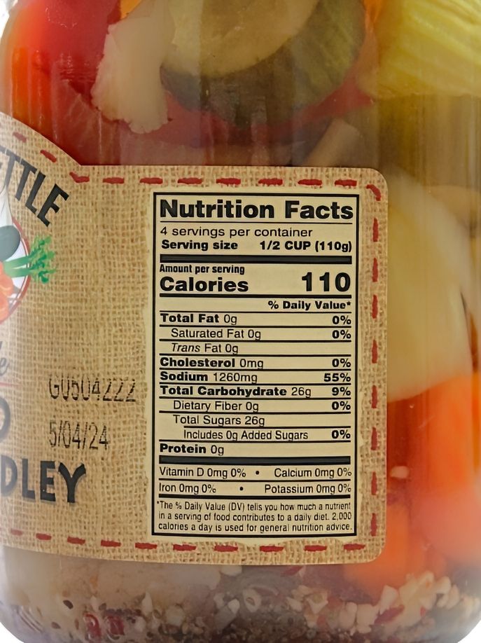 Nutrition Facts for a 16 oz. jar of Pickled Gardien Medley.