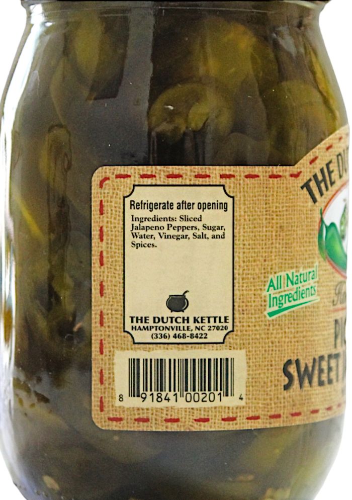 Only All Natural ingredients are used  by The Dutch Kettle in each jar of their Pickled Sweet Jalapenos. Available at Harvest Array.