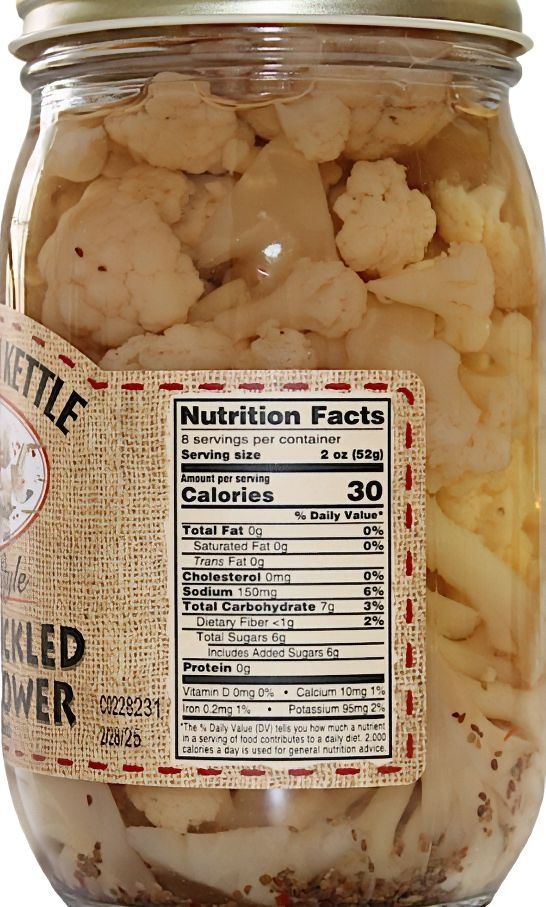 Nutrition Facts for a 16 oz. jar of Dutch Kettle Amish Home Style Sweet Pickled Cauliflower