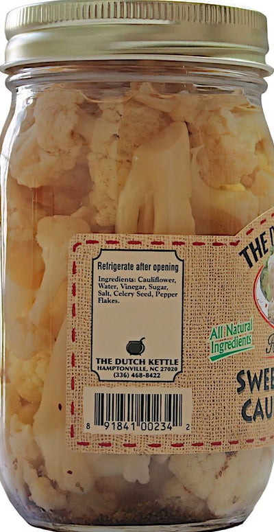 All-Natural ingredients comprise Dutch Kettle Amish Home Style Sweet Pickled Cauliflower. Get a jar today from Harvest Array.