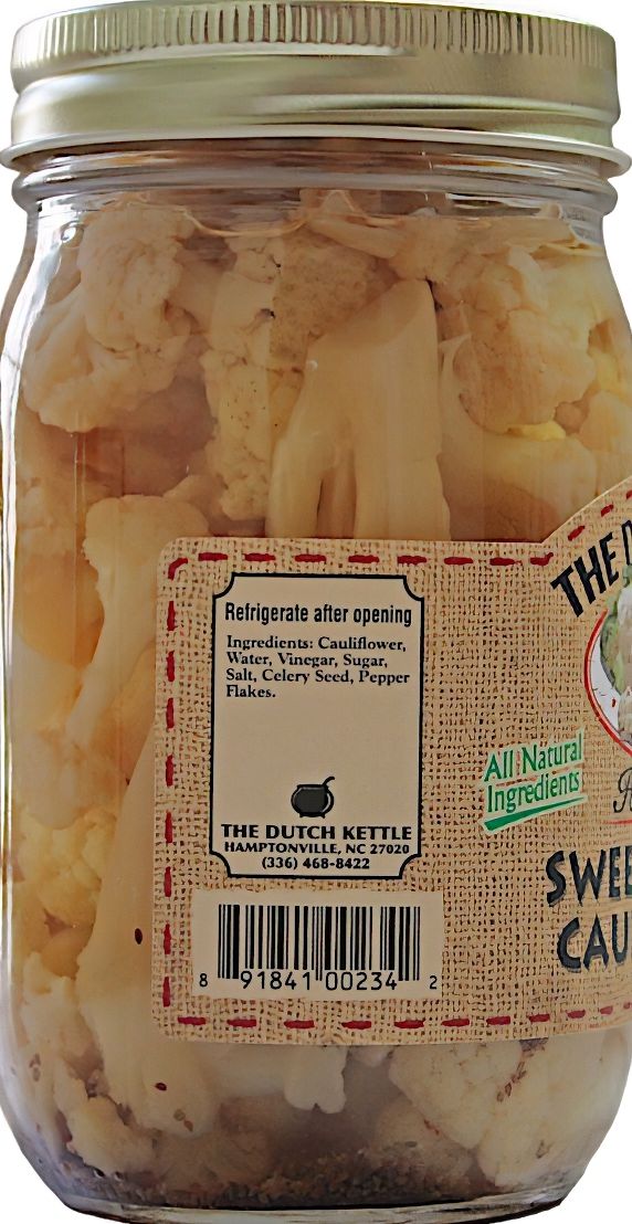 All-Natural ingredients comprise Dutch Kettle Amish Home Style Sweet Pickled Cauliflower. Get a jar today from Harvest Array.