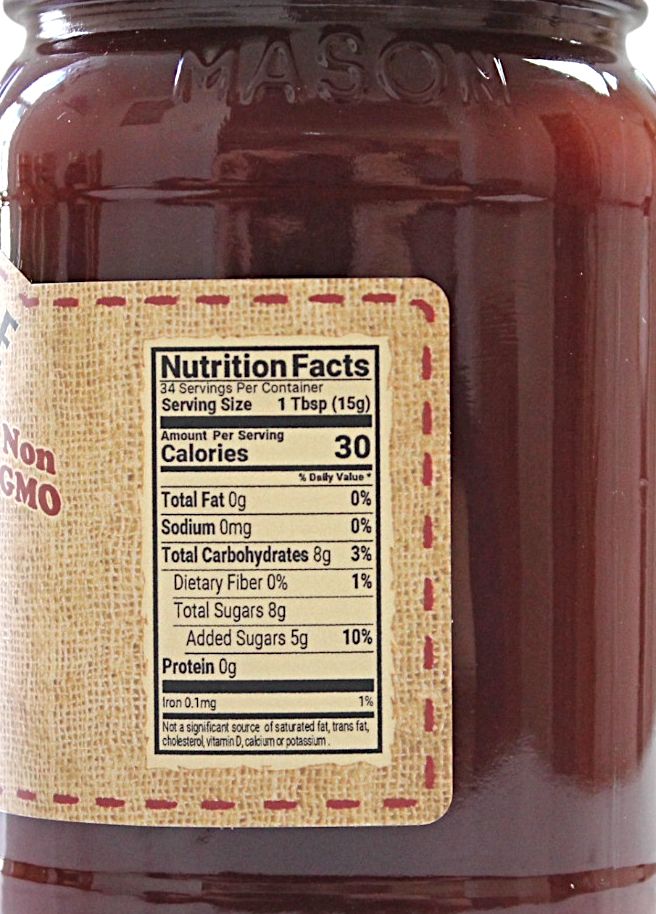 Nutrition facts in a 19 ounce jar of The Dutch kettle Homemade Cherry Butter.