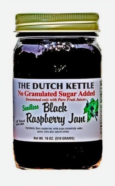 The Dutch Kettle Seedless and No Sugar Added Black Raspberry Jam in an 18 oz. jar on Harvest Array