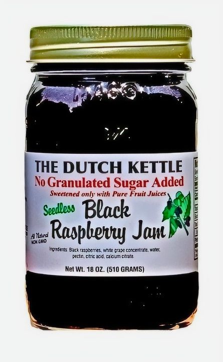 The Dutch Kettle Seedless and No Sugar Added Black Raspberry Jam in an 18 oz. jar on Harvest Array