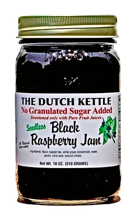 The Dutch Kettle Seedless and No Sugar Added Black Raspberry Jam in an 18 oz. jar on Harvest Array
