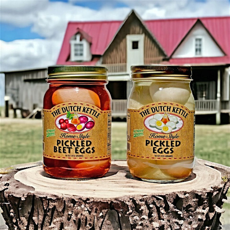 Choose from The Dutch Kettle Home Style Pickled Eggs or Pickled Beet Eggs available at harvestarray.com.