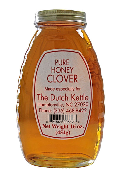Pure Clover Honey in a 16 oz. Glass Jar.