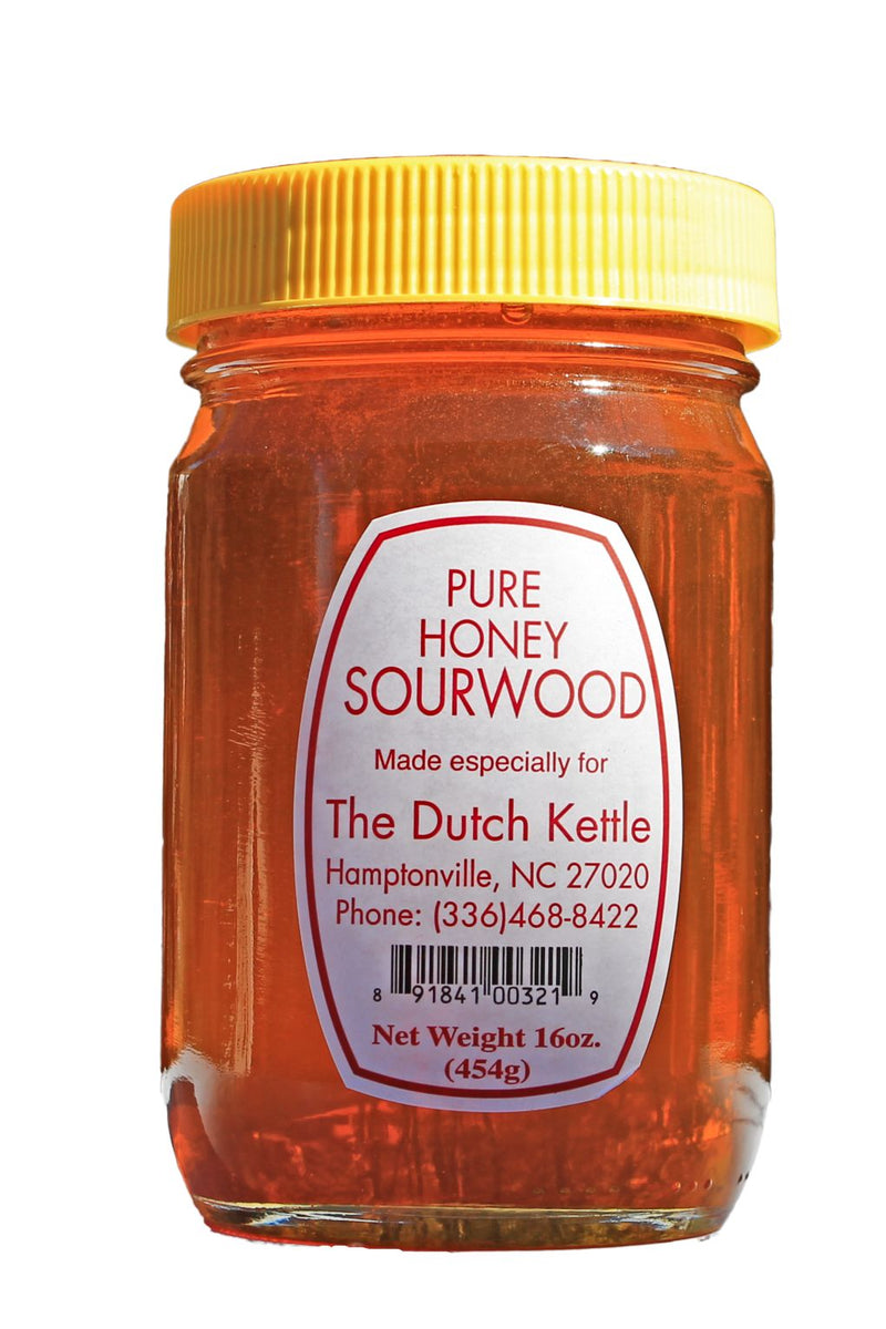 16 ounce jar of The Dutch Kettle Pure Sourwood Honey.