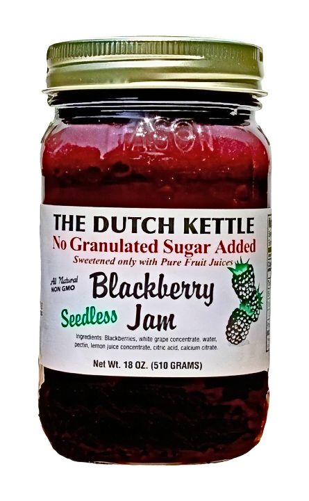 The Dutch Kettle Seedless and No Sugar Added Blackberry Jam comes in an 18 oz. reuseable jar on Harvest Array