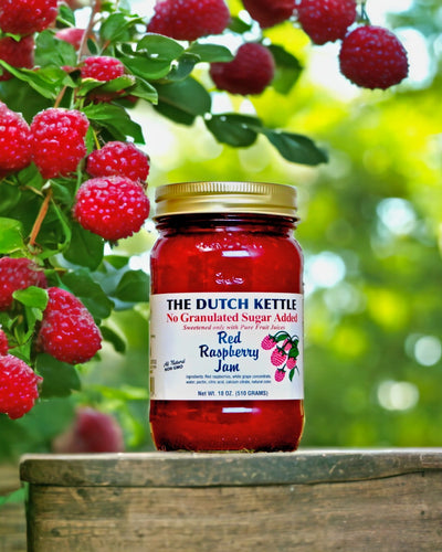 The Dutch Kettle Sugar Free Red Raspberry Jam is made by the Amish in North Carolina.