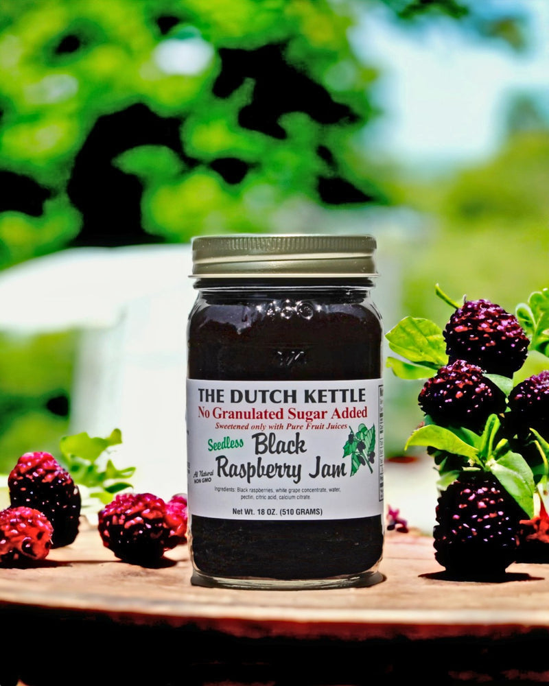 Dutch Kettle No Sugar Added Seedless Black Raspberry Jam. No Seeds, No added granulated sugar.