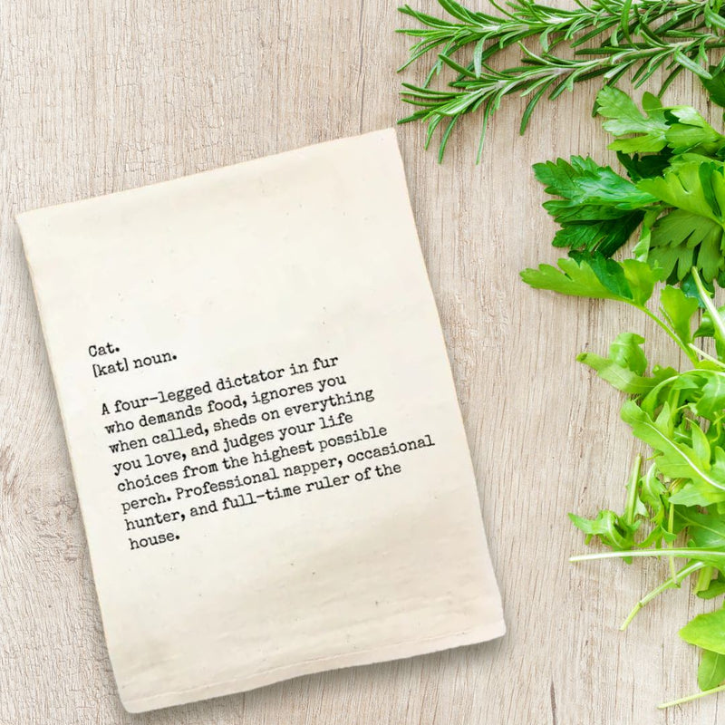Liven up Dish Duty with this 100% For Sack Cotton Kitchen Towel with a funny saying of a definition of a cat. Sold online at harvestarray.com.
