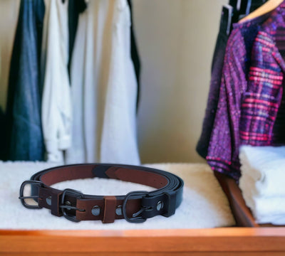 Our Handmade Solid Leather Belts come in three colors, Matte Black, Chocolate, or Golden Brown. Made in America.
