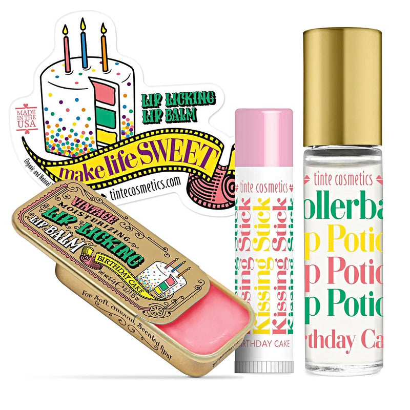 Collection of vintage style lip products in the Birthday Cake Flavored Trio Kit Gift Set. Order online at harvestarray.com.