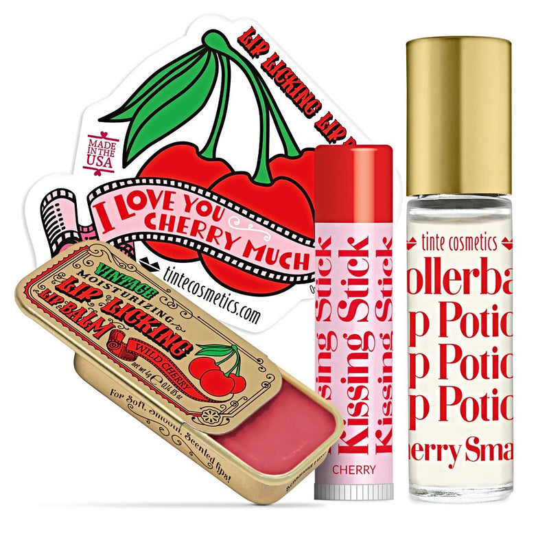 Collection of vintage style lip products in the Cherry Flavored Trio Kit Gift Set. Order online at harvestarray.com.