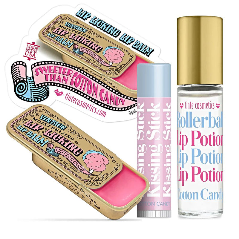 Collection of vintage style lip products in the Cotton Candy Flavored Trio Kit Gift Set. Order online at harvestarray.com.