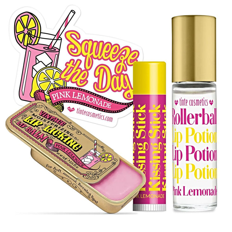 Collection of vintage style lip products in the Pink Lemonade Flavored Trio Kit Gift Set. Order online at harvestarray.com.