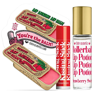 Collection of vintage style lip products in the Strawberry Flavored Trio Kit Gift Set. Order online at harvestarray.com.