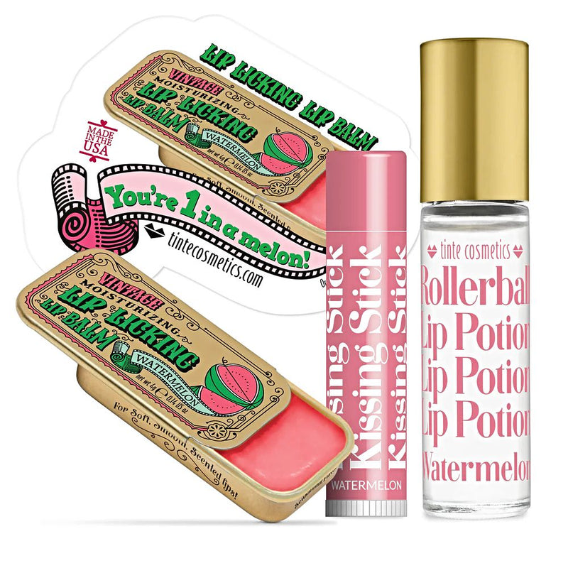 Collection of vintage style lip products in the Watermelon Flavored Trio Kit Gift Set. Order online at harvestarray.com.