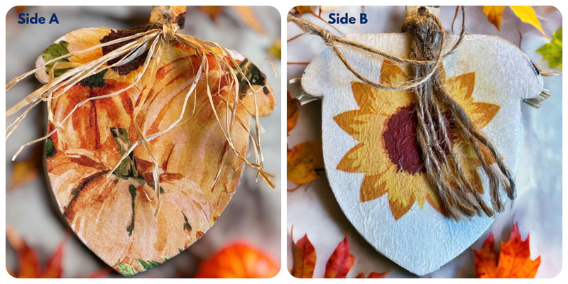 Two-Sided Wooden Acorn Decorations with Pumpkin and Sunflower Print