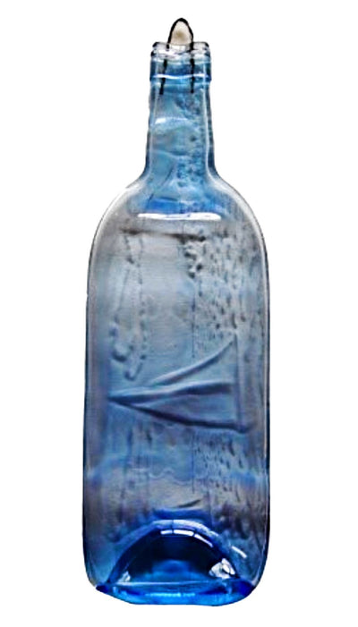 Recycled wine Bottle Cheese Platter - light blue with sailboat design