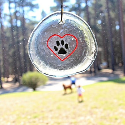 Dog paw in your heart glass suncatcher for the bottom of a bottle. Made in the USA form Harvest Array.