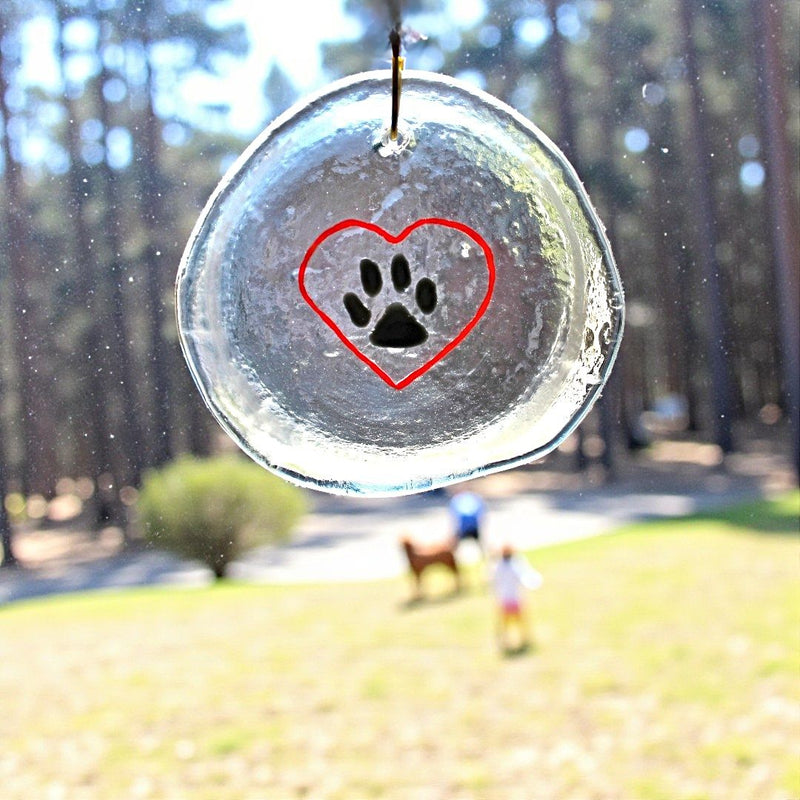 Dog paw in your heart glass suncatcher for the bottom of a bottle. Made in the USA form Harvest Array.