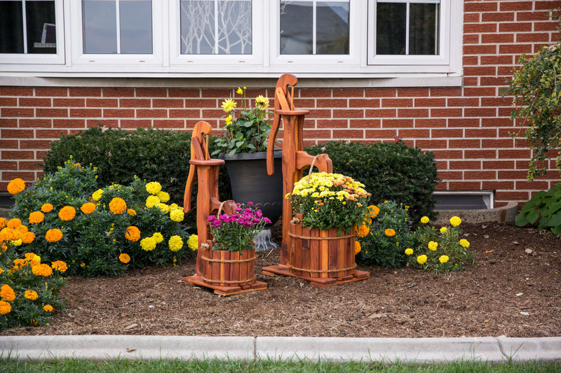 Amish Made Cedar Water Pump Planters look great in the flower beds