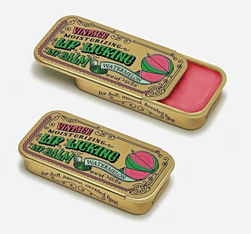 Watermelon Lip Licking Lip Balm in Vintage Slider Tins just like we had in Junior High School.
