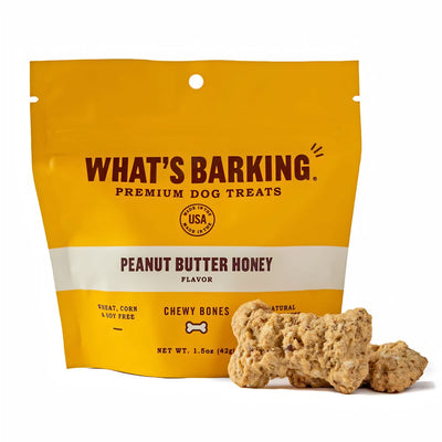 Chewy Peanut Butter Honey Dog Treats in a 1.5 oz travel size bag. Available at harvestarray.com.