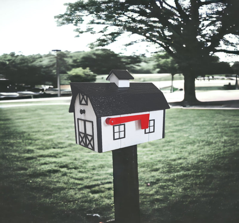 White and black Wooden Barn Mailbox on the post