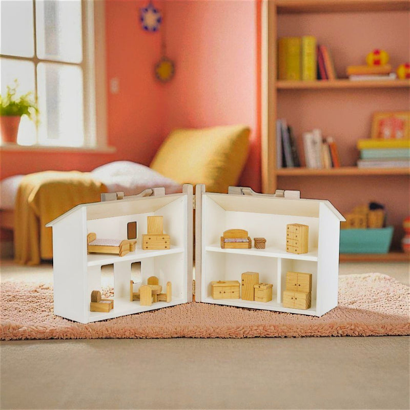 Amish Made Wooden Folding Doll House (White and Natural) with Furniture available at Harvest Array.