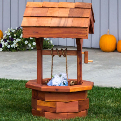 Cedar Wishing Well with Flowers in the Bucket