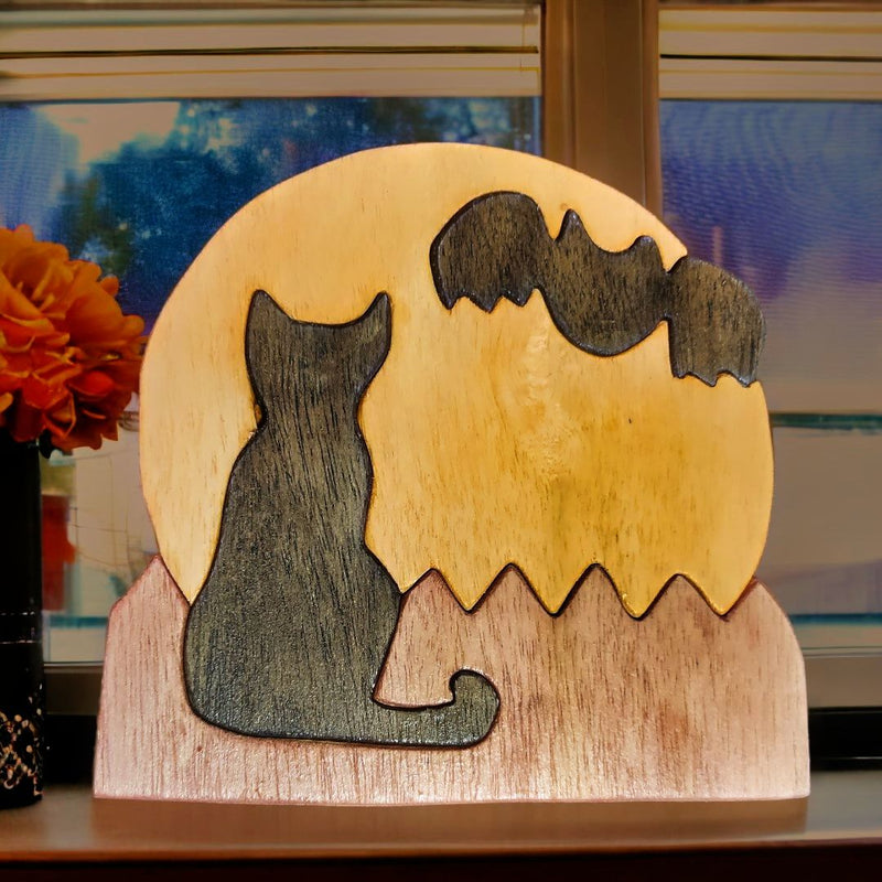 Wooden Halloween Sunset Decoration with Cat and Bat