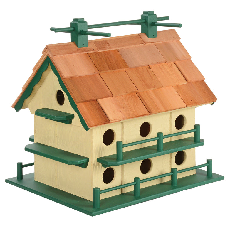 Amish Made Beige with Green Trim Wooden Martin Birdhouses with Cedar Roof