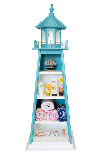 Front View of the Aruba Blue Amish Crafted Poly Lighthouse Bookcases