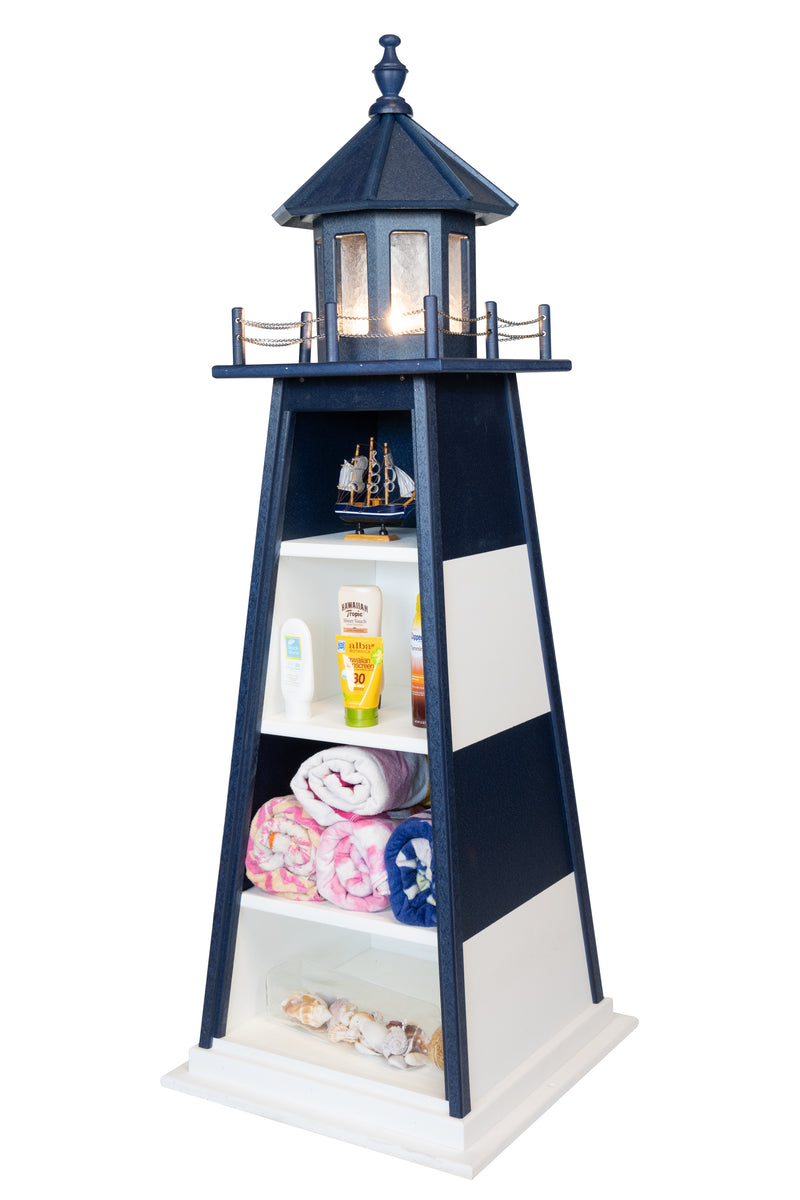 Patriot Blue Amish Crafted Poly Lighthouse Bookcases at an angle