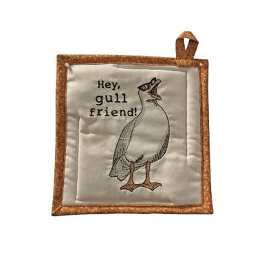 This funny Embroidered Potholders/Hot Pad has a sea gull in sunglasses squaking, "Hey gullfriend."