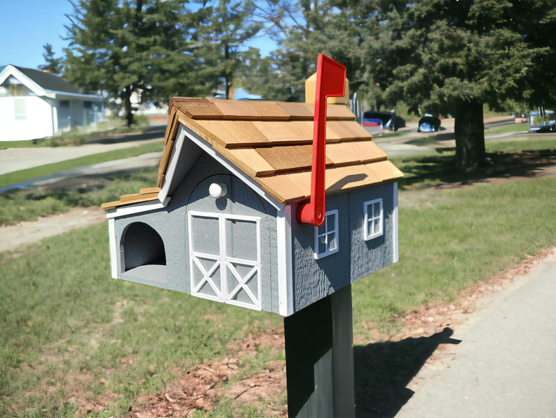 Gray and White Wooden Mailbox with Cedar Roof and Newspaper Holder on a post