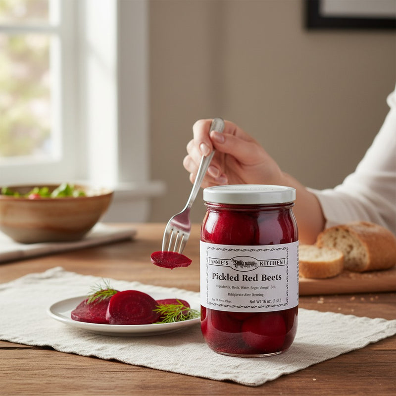 Annie’s Kitchen Pickled Red Beets served on a plate with fresh dill in a cozy kitchen setting.