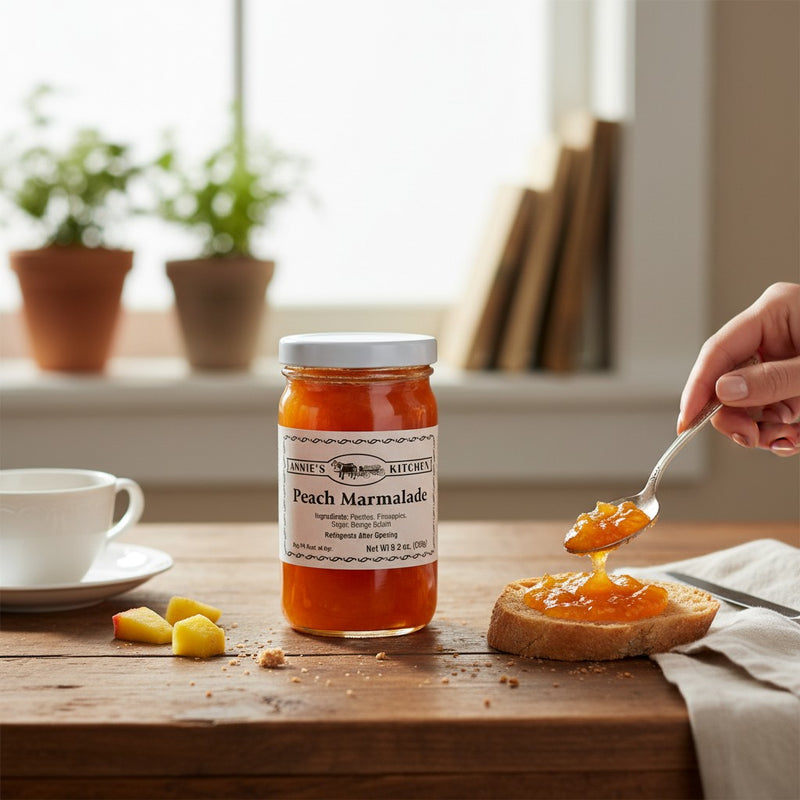 Annie’s Kitchen Peach Marmalade spread on toast with fresh peach pieces in a cozy kitchen.