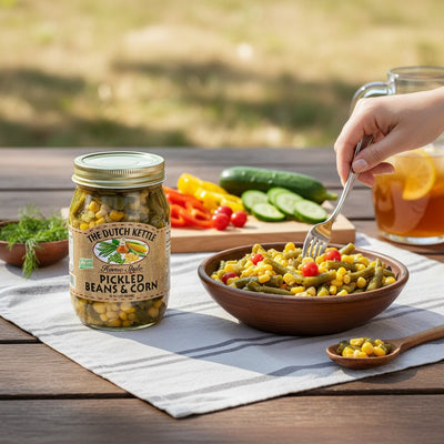 Jar of 'The Dutch Kettle' pickled beans and corn on a table with a bowl of salad and a glass of iced tea.
