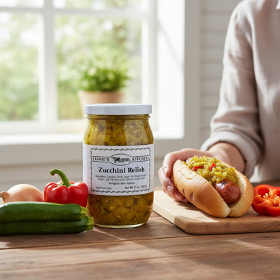 Jar of Zucchini Relish with a hot dog on a wooden table, surrounded by vegetables.