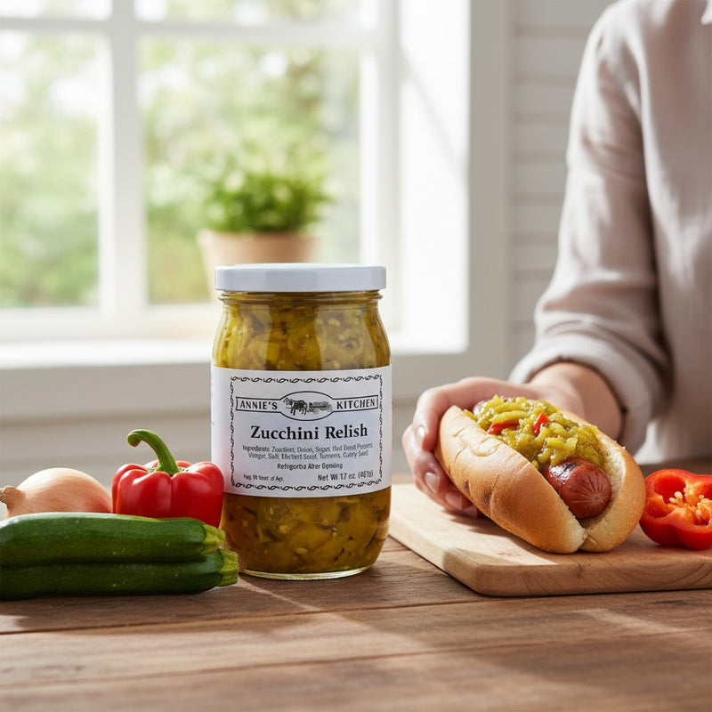 Jar of Zucchini Relish with a hot dog on a wooden table, surrounded by vegetables.