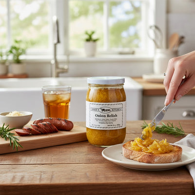 Annie’s Kitchen Onion Relish spread on toast with sliced sausage and iced tea in a cozy kitchen.