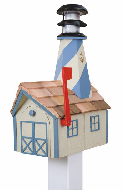 Beige and Country Blue Wooden Lighthouse Mailbox with Cedar Roof