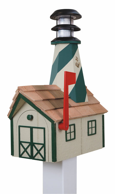 Beige and Green Wooden Lighthouse Mailbox with Cedar Roof